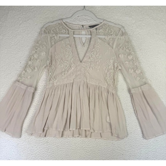 American Eagle Outfitters Tops - American Eagle Blouse Womens Small Beige Lace Embroidered Bell Sleeve Sheer